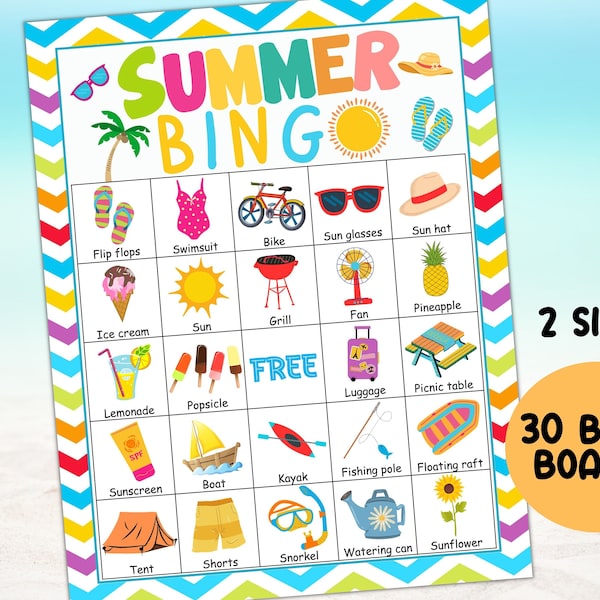 Bingo d'été, 30 cartes de bingo d'été à imprimer, jeux d'été amusants, activités pour enfants, adultes, colonie de vacances, vacances, jeux de voyage pour fête d'anniversaire