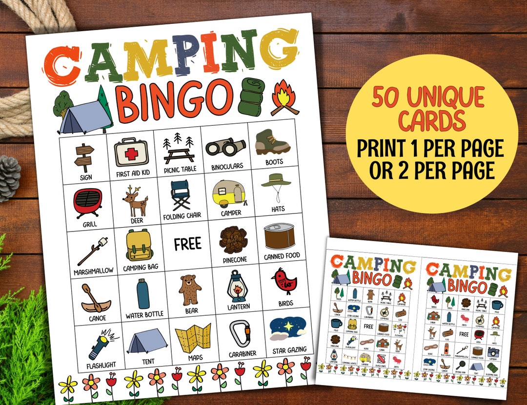 50 Camping Bingo Cards Printable, Fun Camping Games Activities, Kids