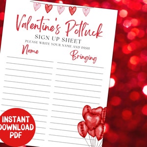 Peut inclure: Une feuille d'inscription pour un potluck de la Saint-Valentin imprimable avec une bordure de cœurs rouges et une illustration de ballons en forme de cœur rouges. La feuille comporte deux colonnes intitulées "Nom" et "Apporte".