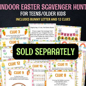 May include: A set of 12 colorful Easter scavenger hunt clues for teens and older kids. The clues feature a bunny rabbit, carrots, and Easter eggs. The text on the clues reads "SOLD SEPARATELY".