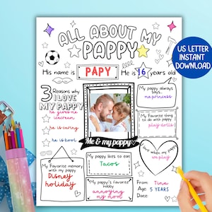 Questionnaire imprimable pour la fête des pères Tout sur mon Papy, cadeau Pappy par des enfants, activité de carte à colorier bricolage pour enfants, feuille de calcul à remplir