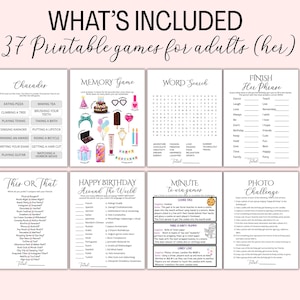 May include: A collection of printable games for adults, including Charades, Memory Game, Word Search, and Finish Her Phrase. The games are designed for entertainment and include various challenges and activities.