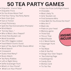 Puede incluir: Un fondo rosa muestra una lista de "50 JUEGOS PARA LA HORA DEL T&Eacute;". Los juegos, como "Trivia de etiqueta" y "Charadas", est&aacute;n en texto negro. Tambi&eacute;n hay un c&iacute;rculo rosa con "RESPUESTAS INCLUIDAS".