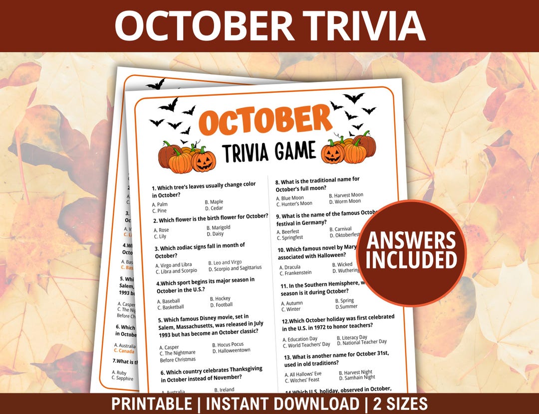 Printable October Trivia October Trivia Game, Monthly Trivia Quiz Printable Fall Trivia ...