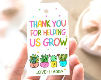 Dank u voor het helpen van ons groeien leraar Plant Gift Tag, leraar dank u, leraar waardering Gift Tags, Plant Cactus succulente gunst Tags