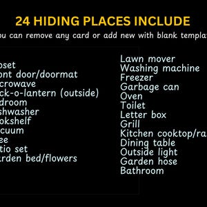 May include: Black background with yellow text that reads "24 HIDING PLACES INCLUDE". Below, a list of 24 hiding places is displayed, including a closet, microwave, and garden bed. The text also states that you can remove any card or add new ones.