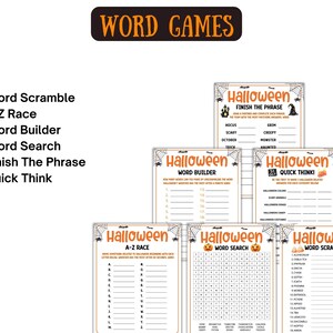 May include: A selection of Halloween word games, including Word Scramble, A-Z Race, Word Builder, Word Search, Finish The Phrase, and Quick Think. Each game has a Halloween theme with spiderwebs and pumpkins.
