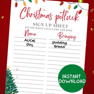 Może przedstawiać: Biała karta zgłoszeniowa na świąteczny potluck z czerwonym napisem "Christmas potluck". Arkusz zawiera wiersze na imiona i potrawy, z nagłówkami "Name" i "Bringing". Zielone koło z napisem "Instant Download" znajduje się na dole.