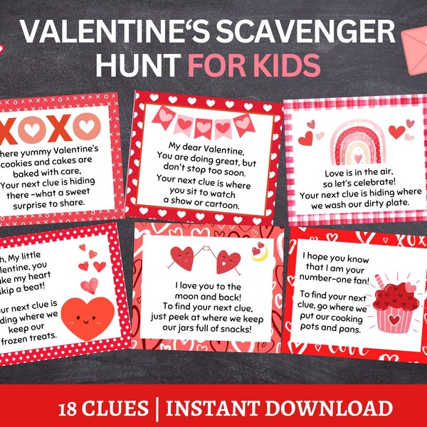 Valentines Day Scavenger Hunt For Kids, Kids Valentines Treasure Hunt Clues, Printable Valentines Games For Kids, Kids Valentines Day Gift