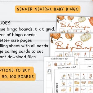 May include: A collection of gender-neutral baby bingo cards featuring pumpkin and gourd illustrations. The set includes bingo boards, calling sheets, and cut-out cards. The text on the cards reads "Baby Bingo" and "Gender Neutral Baby Bingo."
