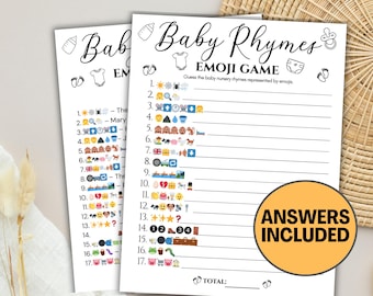 Gioco di filastrocche per bambini con emoji, gioco di filastrocche per baby shower, gioco di Pictionary con emoji per baby shower, gioco di emoji stampabile per baby shower