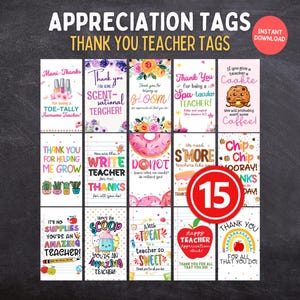 Può includere: Una collezione di 15 etichette stampabili di apprezzamento per insegnanti con vari disegni e frasi. Le etichette presentano grafiche colorate, tra cui ciambelle, mele e arcobaleni, con messaggi come "Grazie" e "Insegnante fantastico".