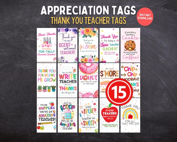 Printable Teacher Gift Tags Bundle, Thank You Teacher Appreciation Tags, Appreciation Week Tags, End Of Year Teacher Thank You Tags