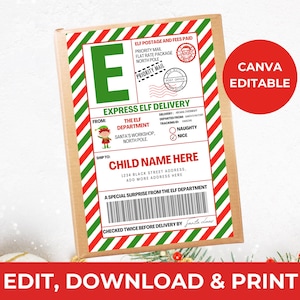 Peut inclure: Une boîte en carton marron avec une étiquette de Noël festive. L'étiquette présente des rayures rouges et vertes, le texte "Express Elf Delivery" et un espace pour écrire le nom et l'adresse d'un enfant. Un cercle rouge avec le texte "CANVA EDITABLE" est à droite.