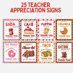 Può includere: Una collezione di 25 cartelli di apprezzamento per insegnanti con giochi di parole a tema cibo. Ogni cartello presenta illustrazioni colorate di elementi come soda, torta, popcorn e ciambelle, con la frase "Grazie".