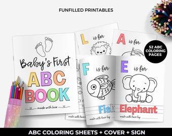 ABC Book Baby Shower Coloring Pages, Baby's First ABC Book, Baby Alphabet Book, Baby Shower Keepsake, Printable Baby Shower Game Activity