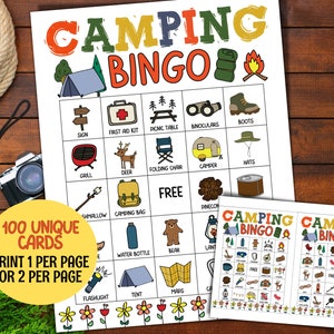 100 cartes de bingo de camping à imprimer, jeux de camping à imprimer, jeu de bingo pour fête d'anniversaire de camping, jeux de feu de camp, activités de camping d'été pour enfants