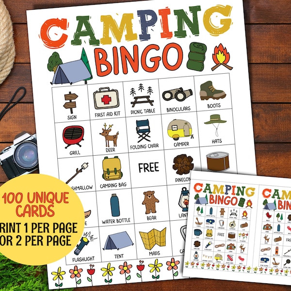 100 Camping Bingo Cards Printable, Camping Games, Kids Summer Camp Activities, Kids Camping Birthday Party Games, Campfire Games