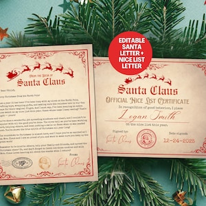 Puede incluir: Dos documentos navideños con detalles rojos. Uno es una carta de Papá Noel, y el otro es un certificado de la lista de buenos. El certificado incluye un espacio para un nombre y la fecha 24-12-2025. Los documentos están rodeados de decoraciones navideñas.