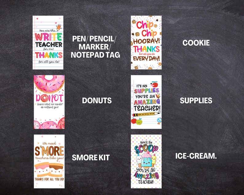 May include: A collection of colorful notepad tags with various designs and text. The tags include phrases like "Write Teacher," "Chip Chip Hooray," "Donut," "Supplies," "S'more Kit," and "Ice Cream." Each tag is designed with a unique theme and vibrant colors.