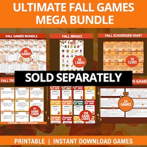 May include: Printable autumn-themed games are displayed, including a bundle, bingo, and scavenger hunt. The image shows game cards with titles such as "Fall Games Bundle," "Fall Bingo," and "Fall Scavenger Hunt." The text "ULTIMATE FALL GAMES MEGA BUNDLE" is at the top.