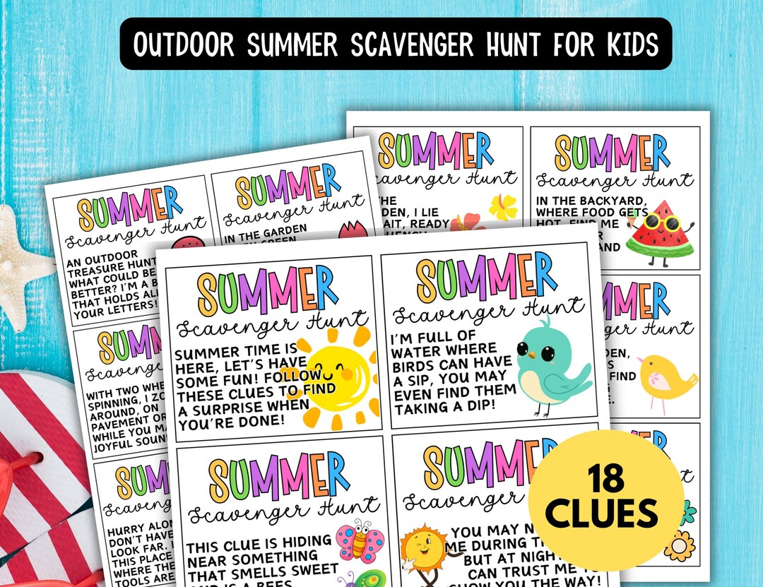 Outdoor Scavenger Hunt for Kids Summer, Fun Summer Treasure Hunt Clues ...