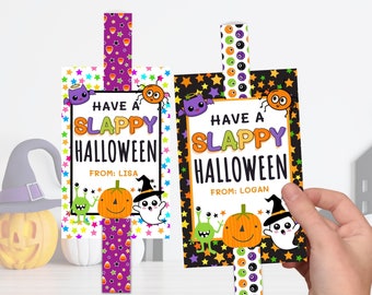 Halloween Slap Bracelet Tag, Slappy Halloween Tags, Halloween Class Gifts, Slap Band, Printable Halloween Party Favors, Non Candy Gift Ideas