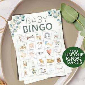 100 groen babyshower bingokaarten, genderneutrale babybingo vooraf gevuld, babyshowerspellen, afdrukbare bingo cadeau babyshower, activiteiten