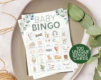 100 Greenery Baby Shower Bingo Cards, Gender Neutral Baby Bingo Prefilled, Baby Shower Games, Printable Baby Shower Gift Bingo, Activities