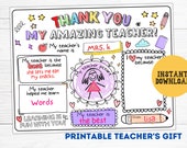 Teacher Appreciation Printable Gift Coloring Page Kids, Teacher Thank You Card, All About My Teacher Gift, Teacher Appreciation Week Gift