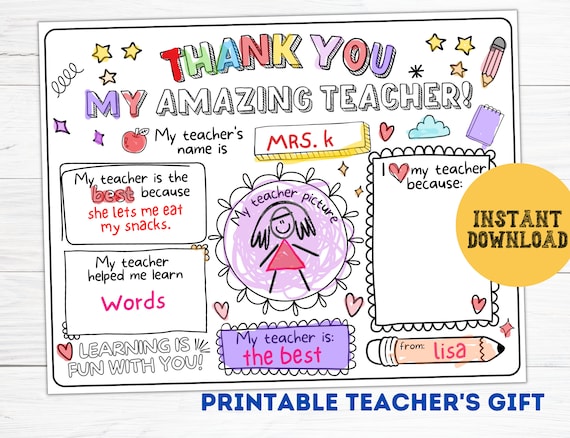Teacher Appreciation Printable Gift Coloring Page Kids, Teacher Thank You Card, All About My Teacher Gift, Teacher Appreciation Week Gift