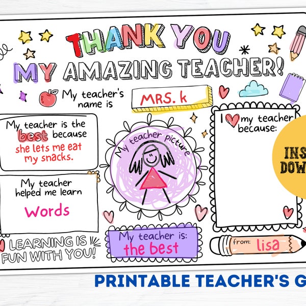 Teacher Appreciation Gift Printable, Teacher Thank You Coloring Page Kids, All About My Teacher Gift, Thank You Teacher Appreciation Card