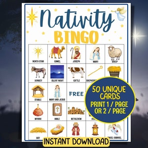 Bingo de la crèche de Noël, jeu imprimable crèche, activité pour enfants, bingo de Noël, bingo de la naissance du Christ, 50 cartes de bingo imprimables, jeu de société