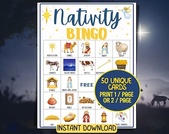 Puede incluir: Un juego de bingo de la Natividad imprimible con 50 tarjetas únicas. La tarjeta de bingo presenta imágenes de una estrella del norte, un camello, José, María, una oveja, un burro, una noche silenciosa, ganado, un pastor, un establo, María y Jesús, mirra, la biblia, Belén, heno y el ángel Gabriel. El texto "50 tarjetas únicas Imprimir 1/página o 2/página" está en un círculo azul.