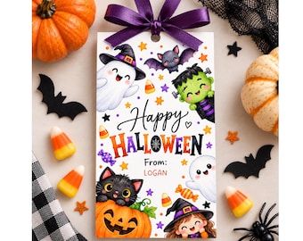 Printable Happy Halloween Tags, Cute Halloween Treat Tags, Favor Tags For Kids, Trick or Treat Ghost Theme, Candy bag tags, Classroom Treat