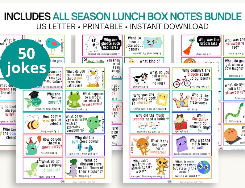 May include: A set of 50 printable lunchbox joke cards featuring colorful illustrations of animals and objects. The cards are designed to be used as a fun and engaging way to add a little humor to a child's lunchbox.