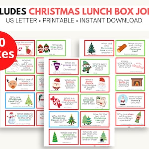 May include: A set of 30 printable Christmas lunch box jokes with illustrations. The cards are red, green, and white with a variety of Christmas-themed images. The text on the cards includes jokes and questions about Santa Claus, elves, reindeer, and Christmas trees.