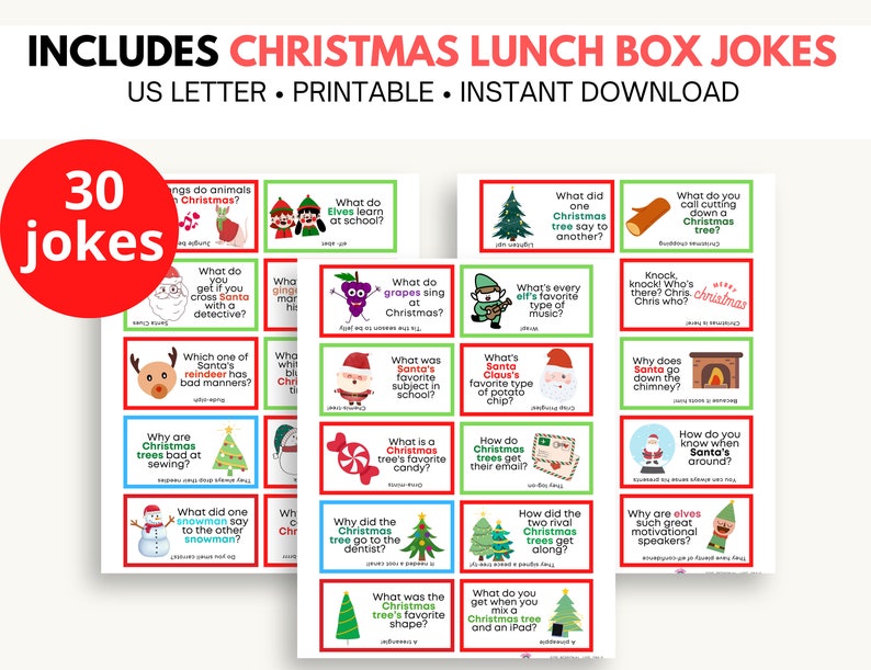 May include: A set of 30 printable Christmas lunch box jokes with illustrations. The cards are red, green, and white with a variety of Christmas-themed images. The text on the cards includes jokes and questions about Santa Claus, elves, reindeer, and Christmas trees.