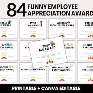 Certificado de reconocimiento de empleados divertidos, premios de trabajo divertidos, premio de oficina editable para compañeros de trabajo, certificado de regalo del día de reconocimiento del personal