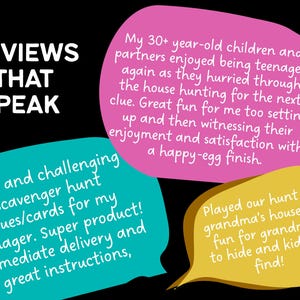 May include: Image with the text "REVIEWS THAT SPEAK" above three colorful speech bubbles. The bubbles contain customer reviews about a scavenger hunt game, highlighting fun and positive experiences.