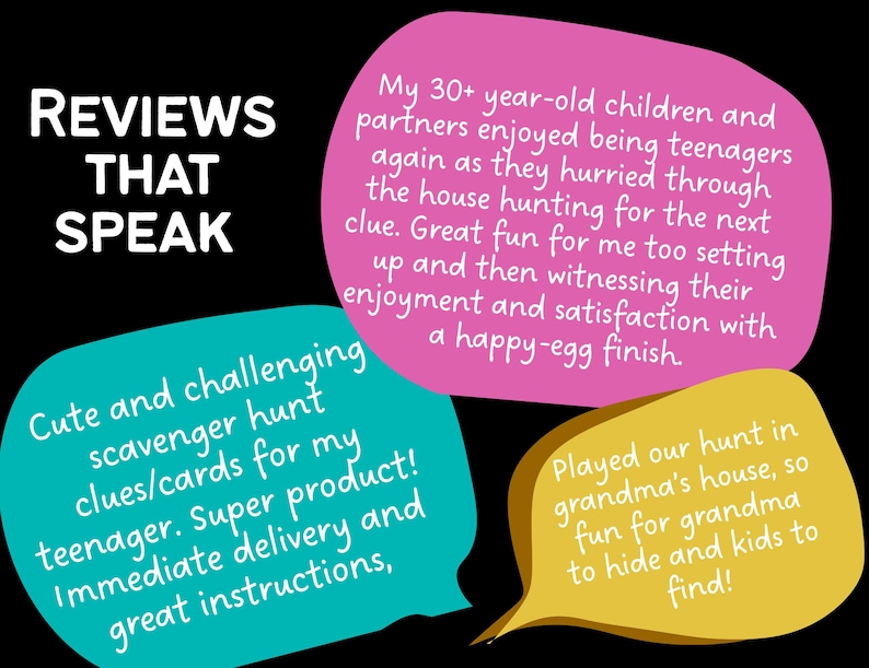 May include: Image with the text "REVIEWS THAT SPEAK" above three colorful speech bubbles. The bubbles contain customer reviews about a scavenger hunt game, highlighting fun and positive experiences.