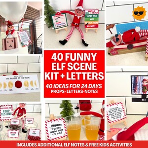 Könnte beinhalten: Ein Kit mit 40 lustigen Elfenszenen-Ideen, Requisiten, Buchstaben und Notizen. Das Bild zeigt verschiedene Szenen mit einem Elf, darunter ein Zeugnis, eine Strandszene und ein Fernseher. Das Kit enthält zusätzliche Elfennotizen und kostenlose Kinderaktivitäten.