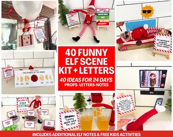 May include: A kit with 40 funny elf scene ideas, props, letters, and notes. The image shows various scenes with an elf, including a report card, a beach scene, and a TV. The kit includes additional elf notes and free kids activities.