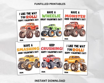 Monster Truck Valentines Cards Printable, Boy Valentine Cards, Preschool Kids Valentines Gift, School Classroom Monster Truck Valentines Tag