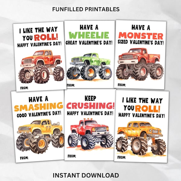 Kids Monster Truck Valentines Cards Printable, Boy Valentine Cards, Preschool Kids Valentines Gift, School Classmate Valentines Day Tag