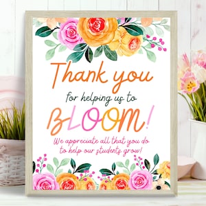 Merci de nous avoir aidés à fleurir panneau imprimable, panneau d'appréciation de l'enseignant printemps, panneau d'appréciation floral pour fleurs plantes PTO PTA