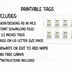 May include: Printable tags with the text "Thank You for all you do! You are appreciated" in black text with gold stars on a white background. The tags are 2 x 3.5 inches and there are 8 tags on a US letter size page. The image includes instructions for editing the tags using Canva.