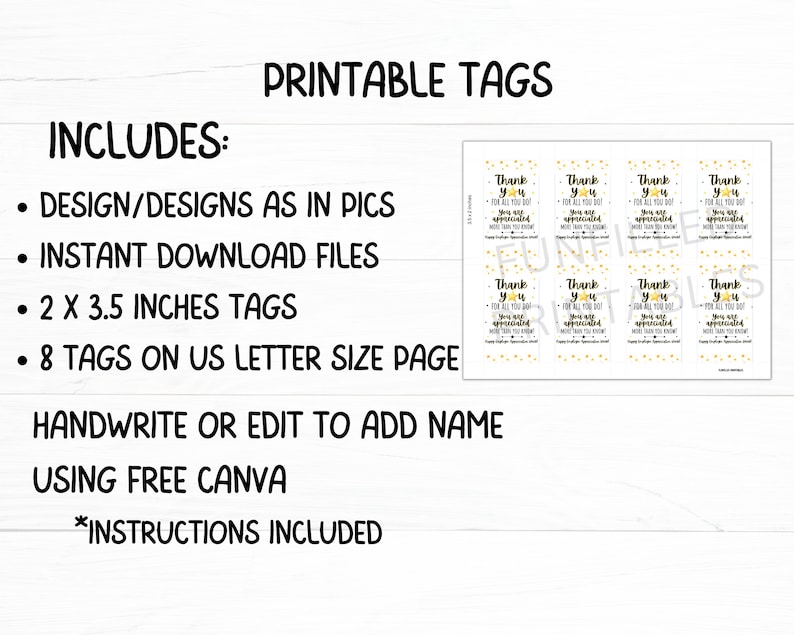 May include: Printable tags with the text "Thank You for all you do! You are appreciated" in black text with gold stars on a white background. The tags are 2 x 3.5 inches and there are 8 tags on a US letter size page. The image includes instructions for editing the tags using Canva.