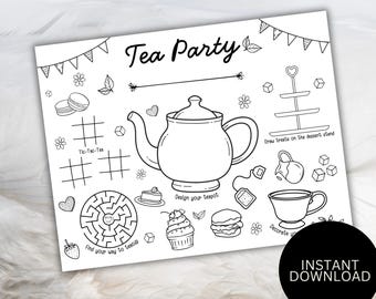Tea Party Coloring Page Sheet For Kids, Tea Party Coloring Sheet, Kids Tea Party Activity, Girls Tea Party Coloring Sheet Printable