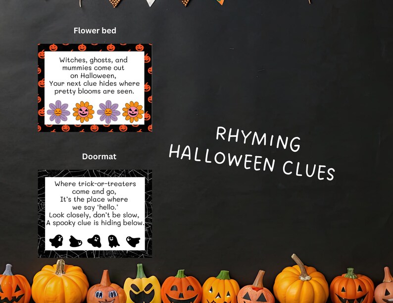 May include: A Halloween-themed image with the text "Rhyming Halloween Clues". The image features two cards with rhyming clues, one for a flower bed and one for a doormat, and a row of carved pumpkins.